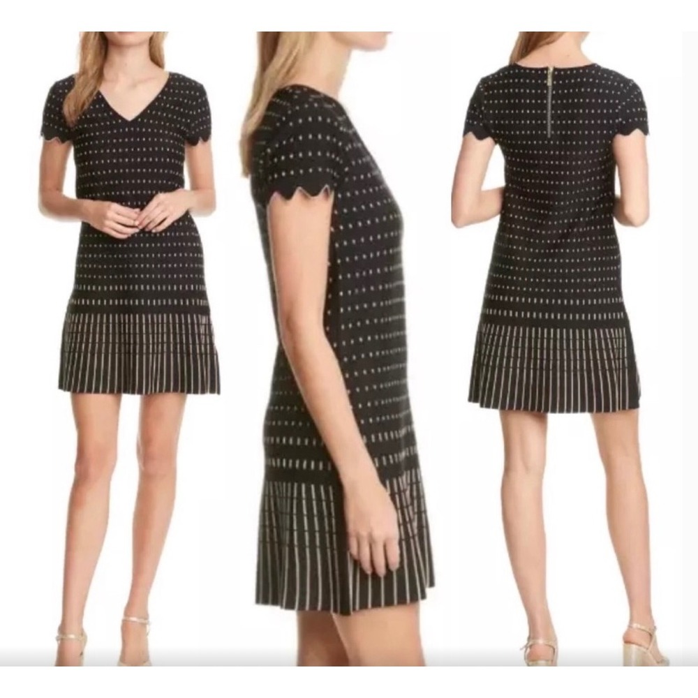Ted Baker London Maciiey Knit Dress Black Gold Stitch Detail Scallop Trim size 1